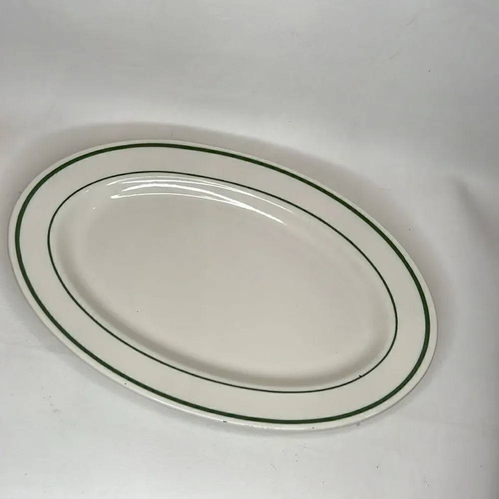 Buffalo Plates Heavy Ceramic Oval White Green Set Of 2 11 1/2 Inches X 7 3/4